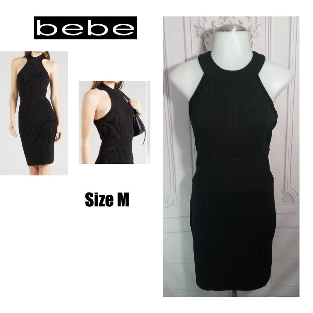 bebe Racer Halter Neck Rib Knit Black Bodycon Dress Sz M